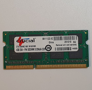 Mémoire Sodimm Crucial CT51264BC1067 M16FMR PC3-8500S CL7 4 Go
